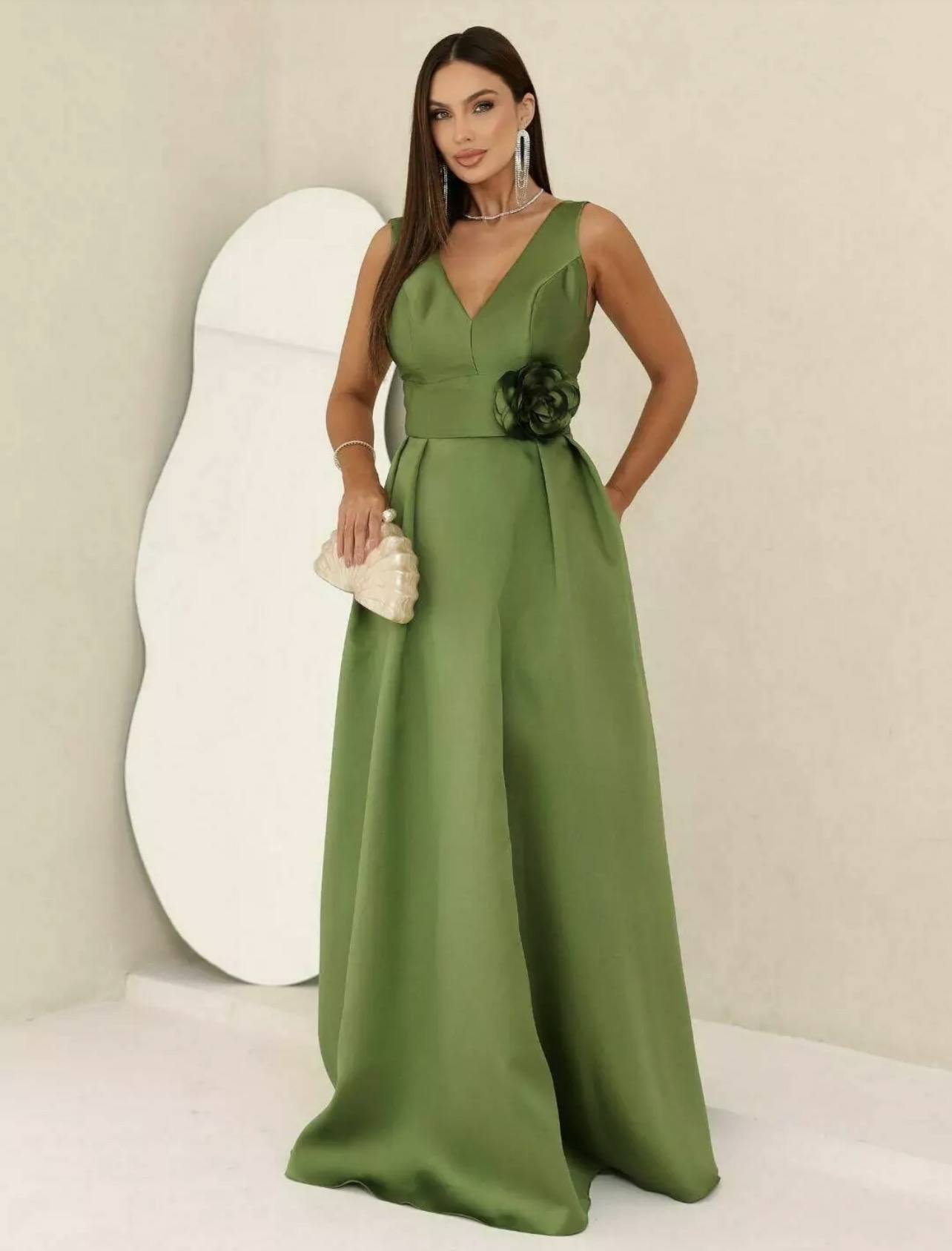 Vestido zibeline verde oliva com bolso