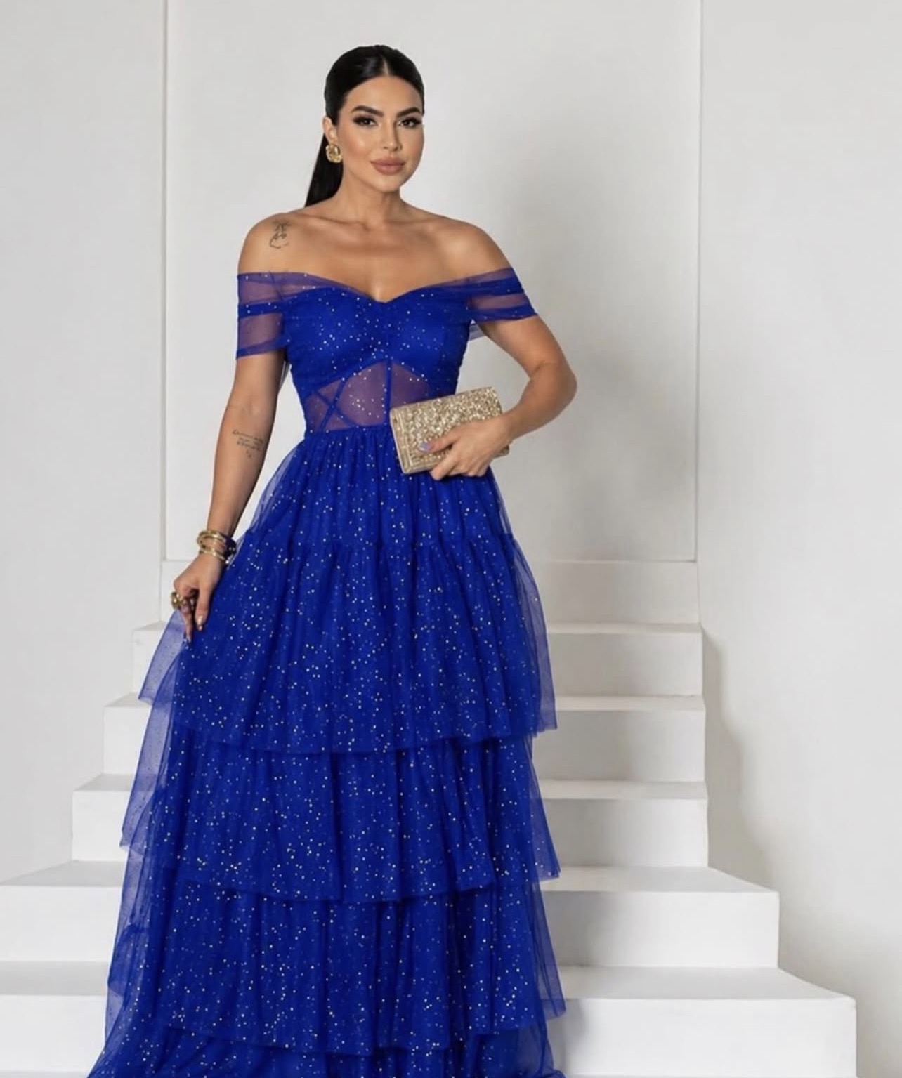 Vestido Lyla tule em brilho ombro 
