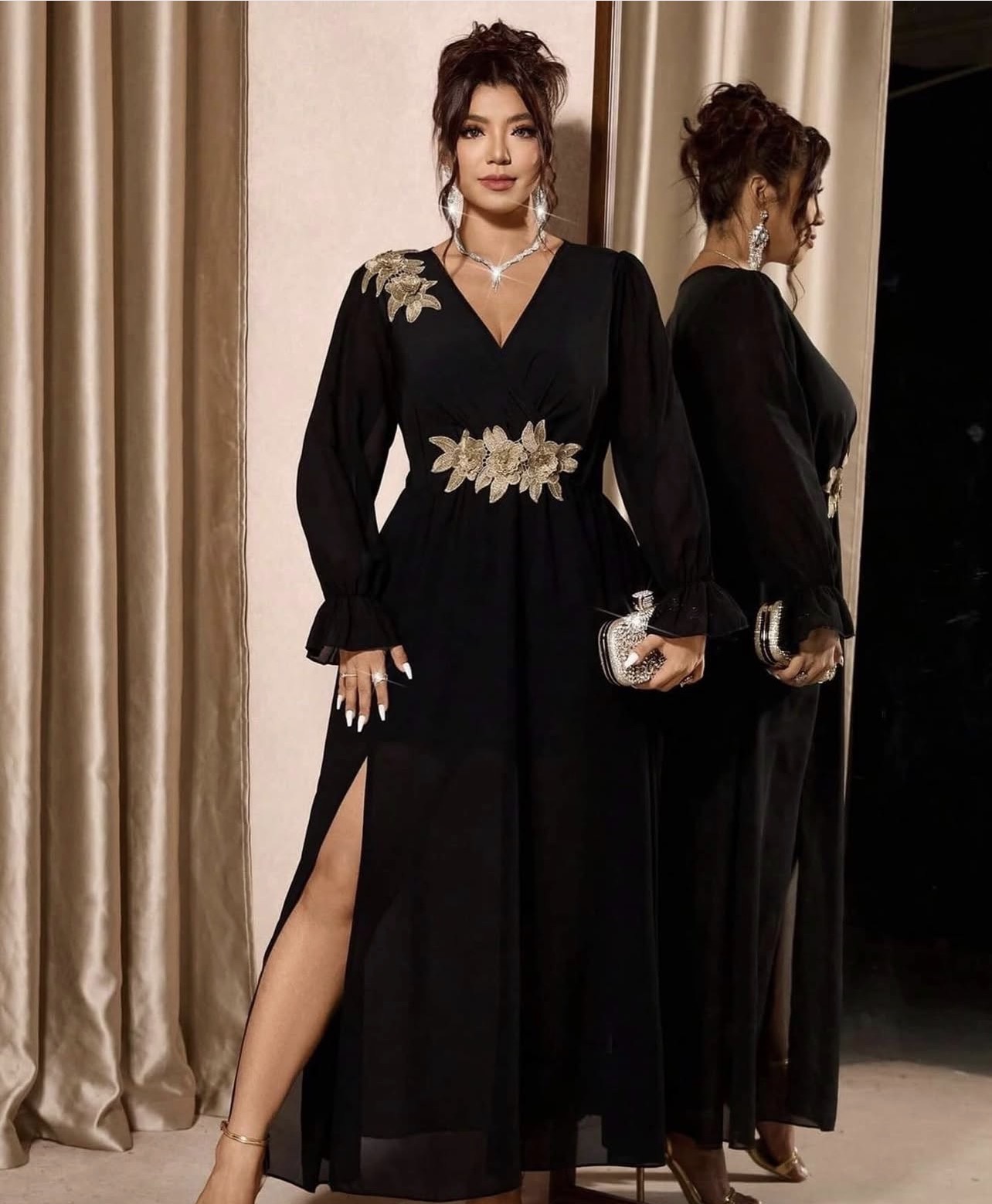 Vestido preto flor dourada 