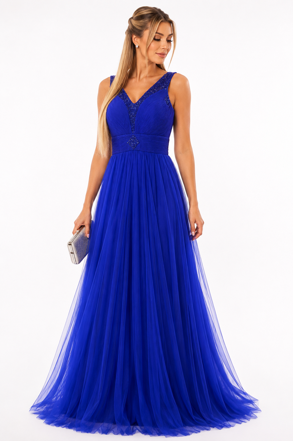 Vestido de festa pedras em V azul royal 