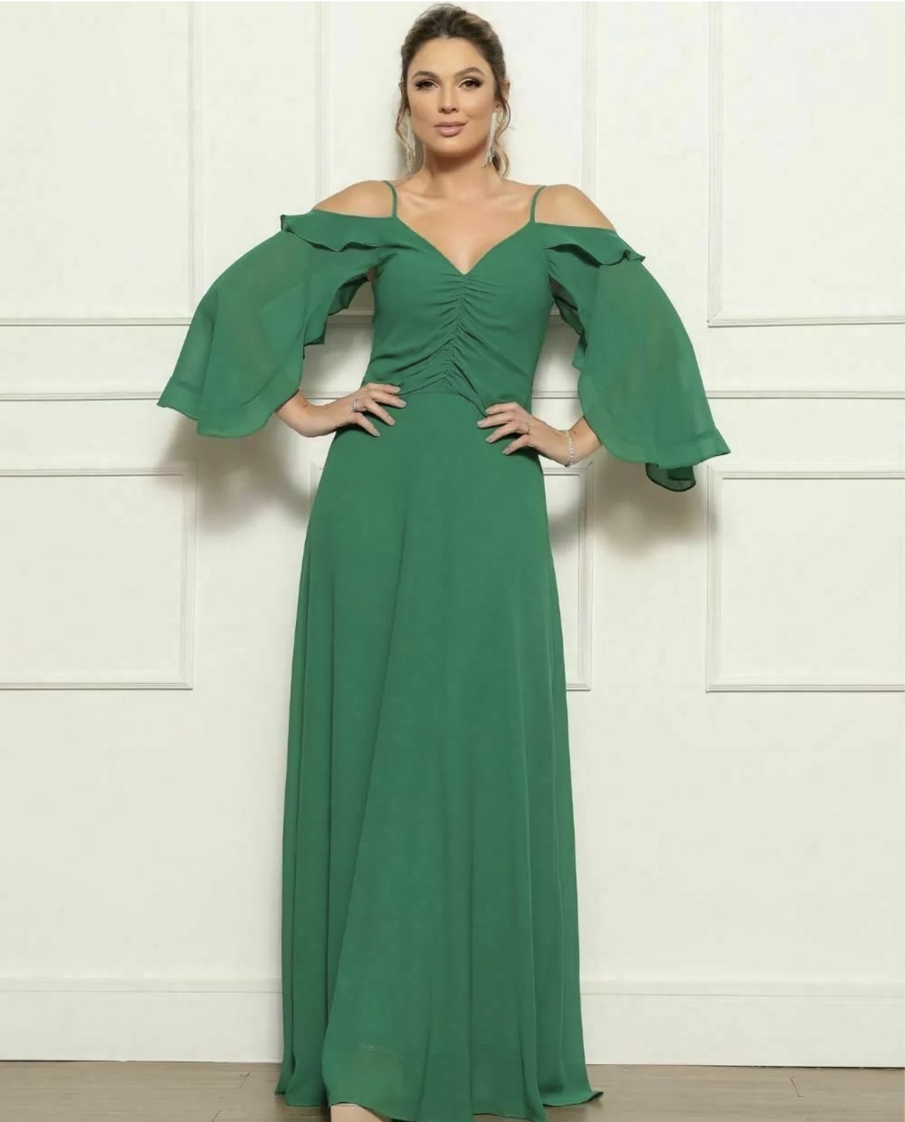 Vestido de festa verde esmeralda manga 