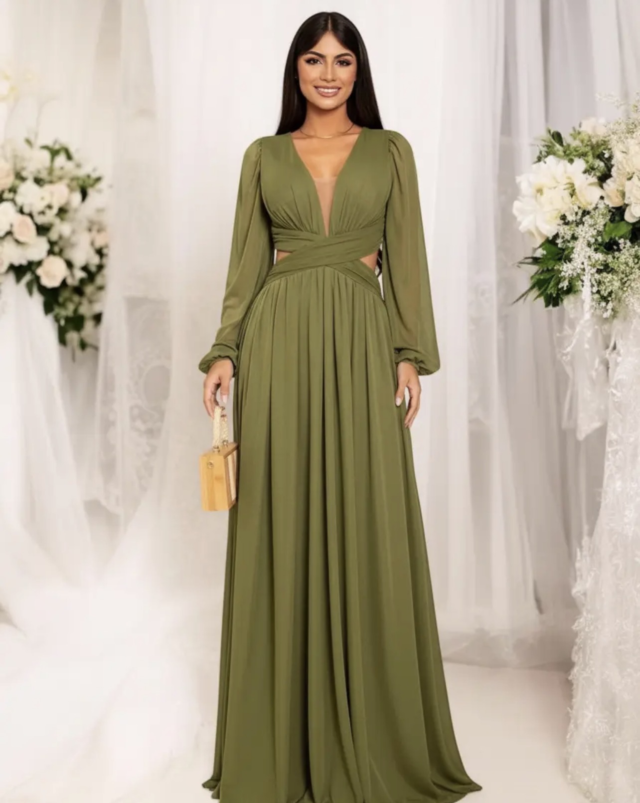 Vestido fluido manga verde oliva 