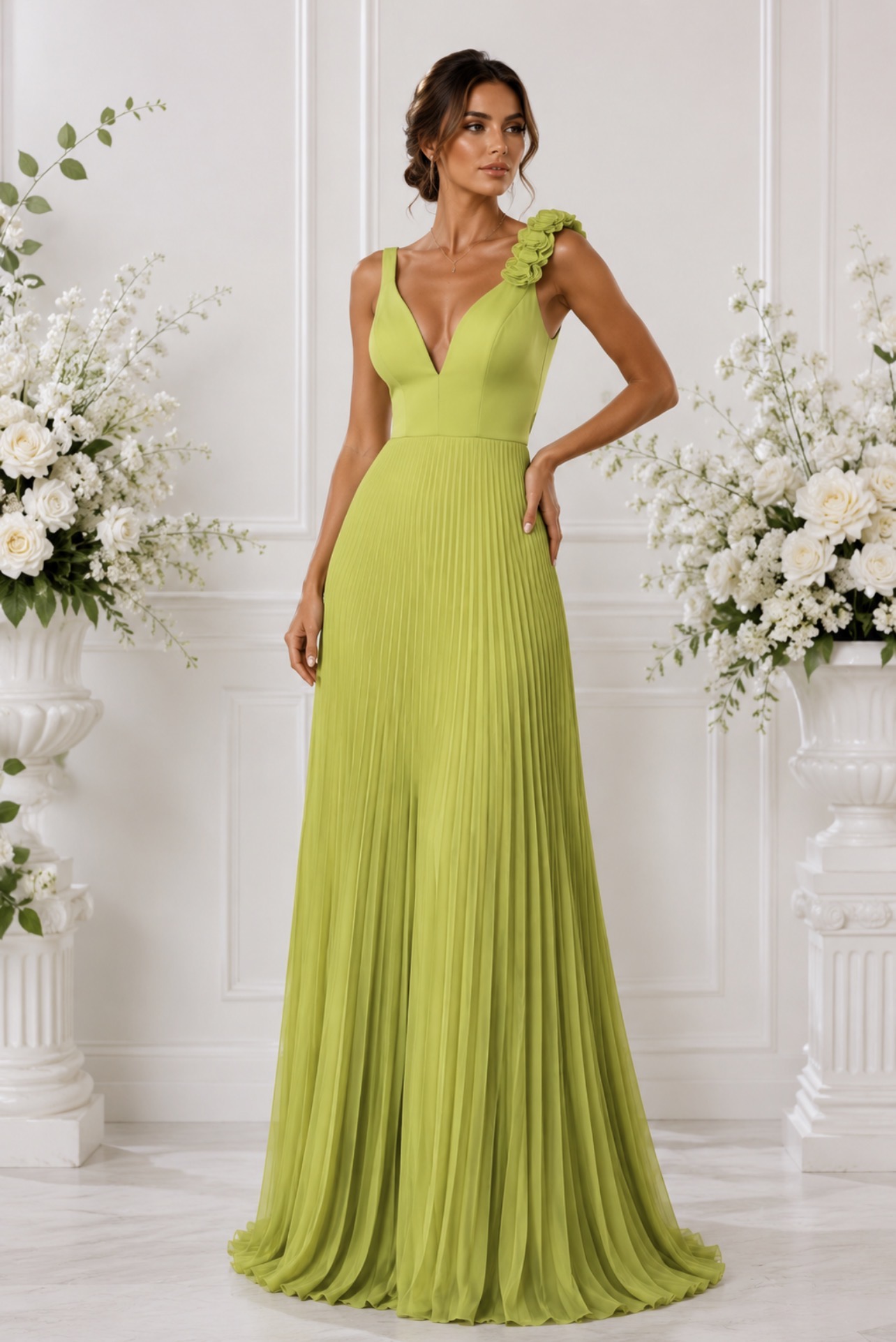 Vestido Longo Lima Plissado com Flor 3D
