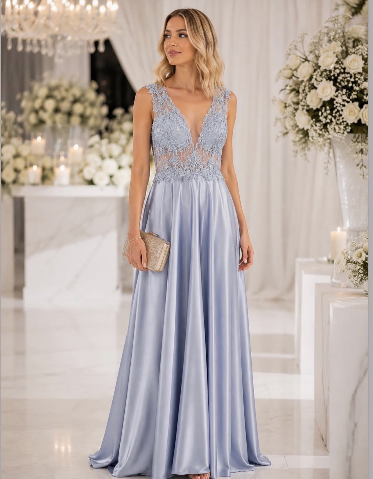 Vestido Longo Azul Serenity em Cetim 