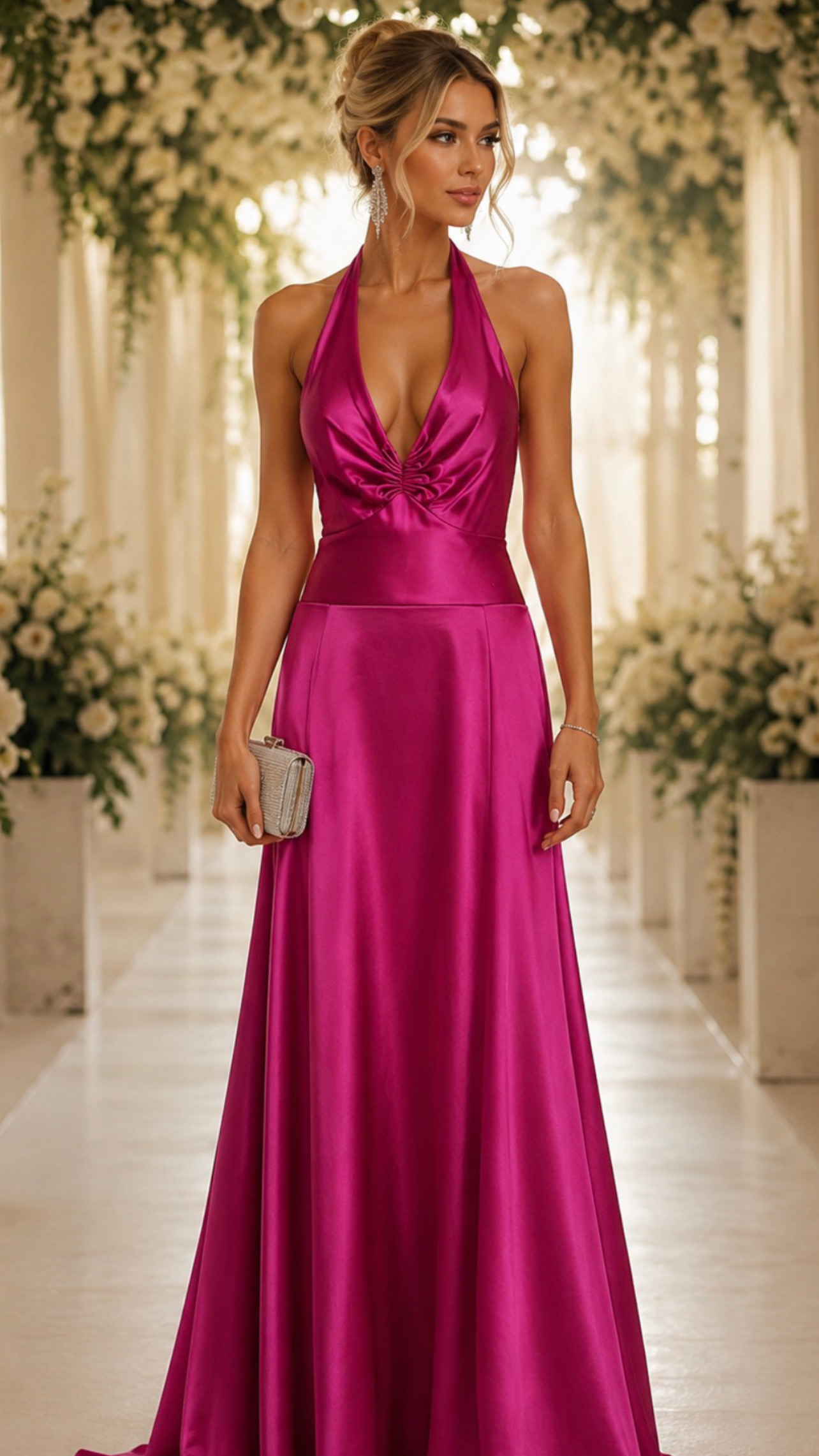 Vestido Longo Fúcsia em Cetim com Decote Frente Única