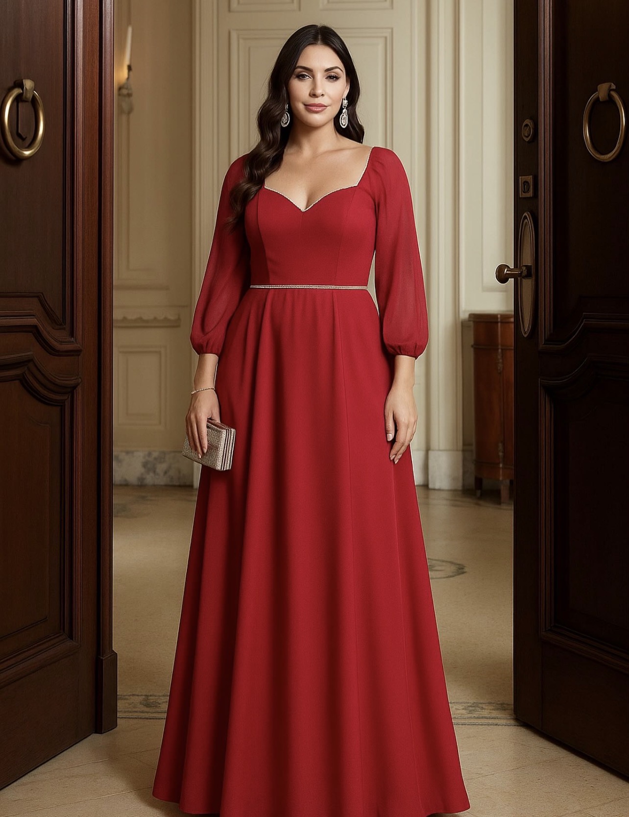 Vestido Longo Vermelho com Mangas Bufantes e Decote Coração