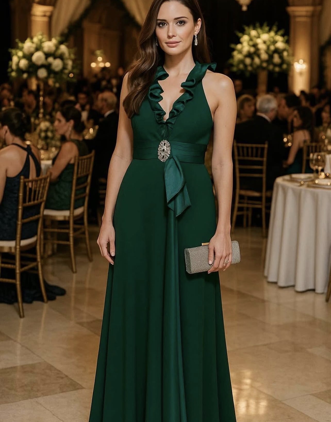 Vestido Longo Verde Esmeralda com Babados no Decote – Seminovo