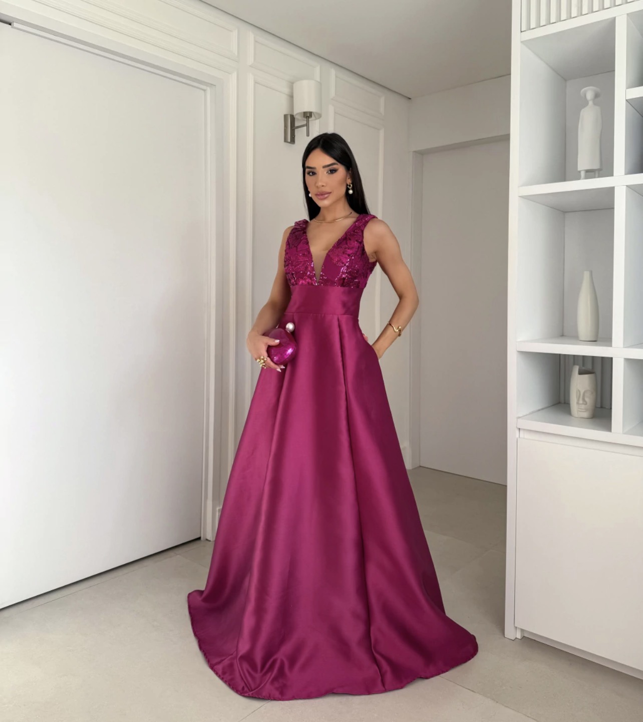 Vestido luxo zibeline com bolso cor Fuscia M 