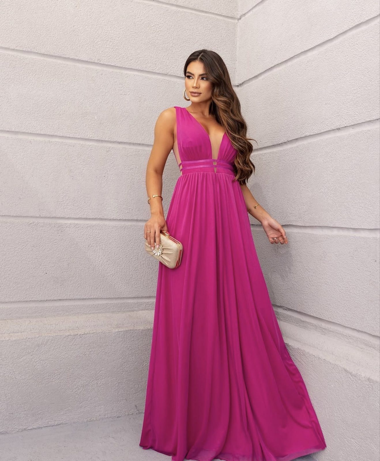 Vestido decote profundo Fuscia 