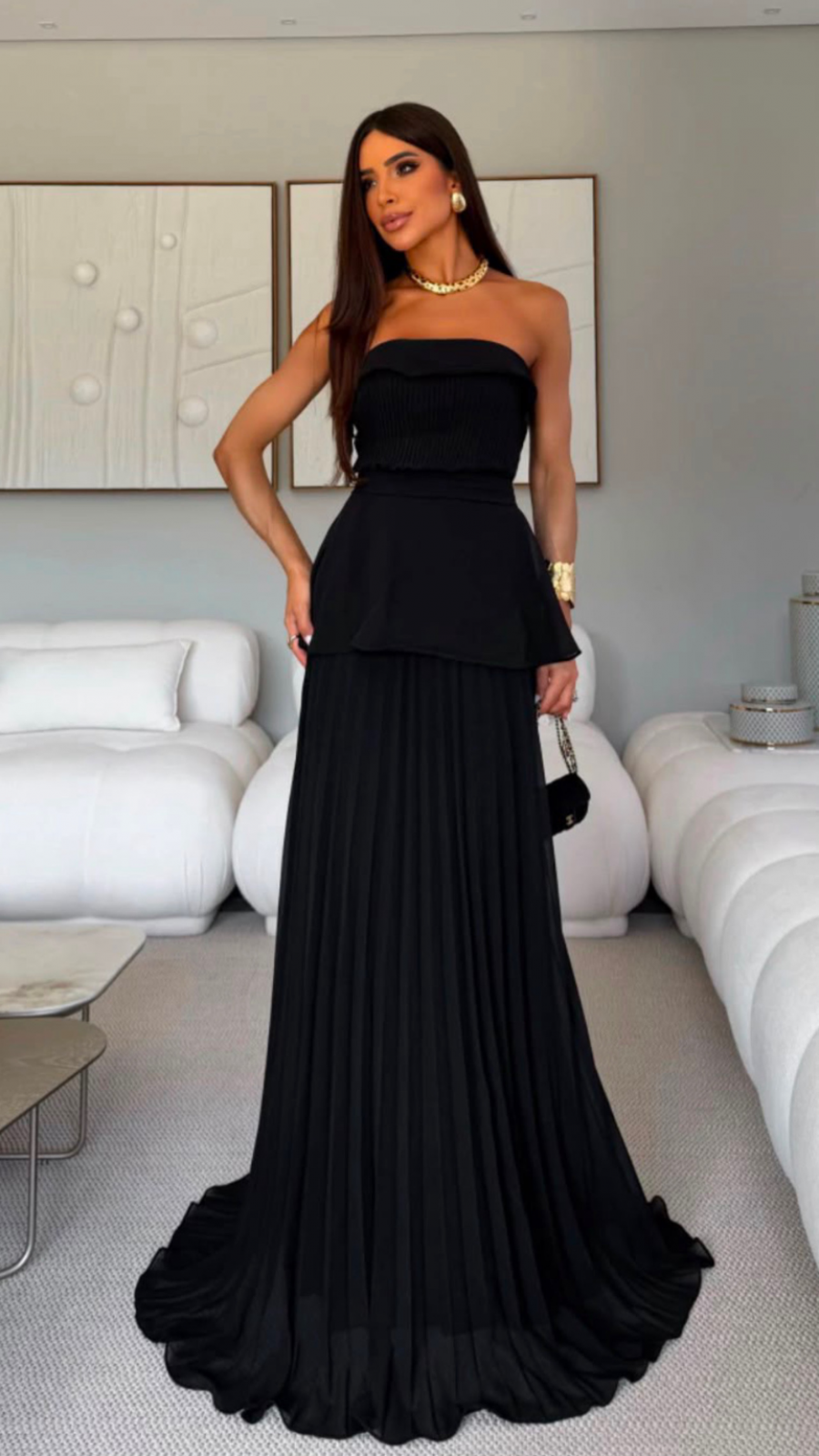 Vestido Longo Preto Tomara que Caia com Saia Plissada P 