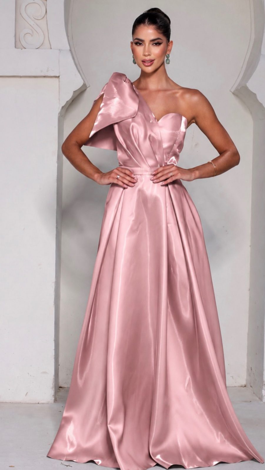 Vestido Longo Rosé com Laço Estruturado Zibeline glow