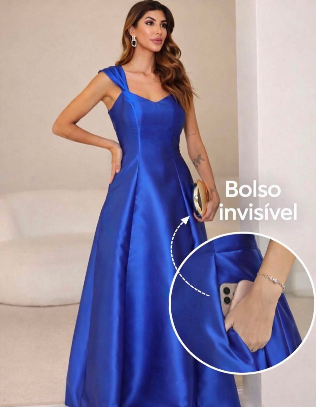 Vestido Longo Azul Royal com Bolso Invisível Zibeline 