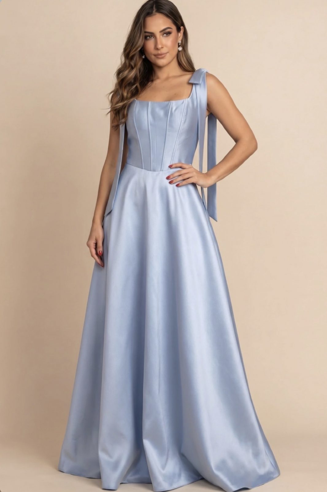 Vestido Longo Azul Serenity com Laços nos Ombros Zibeline G