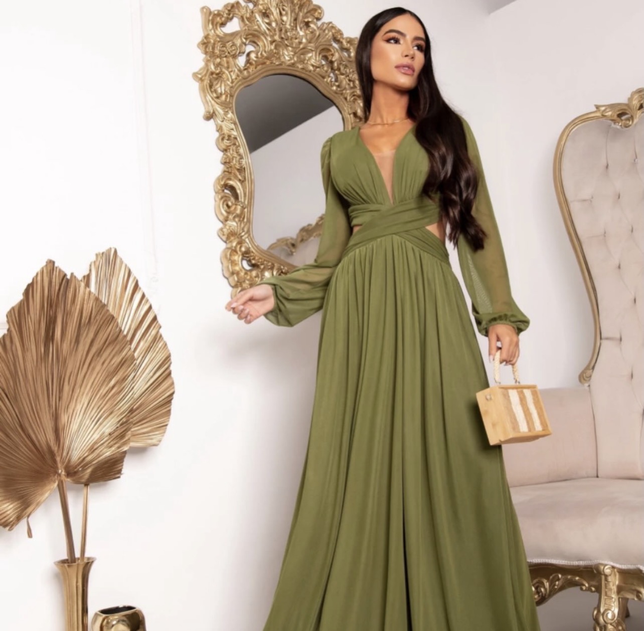 Vestido Longo Verde Oliva com Manga Longa P