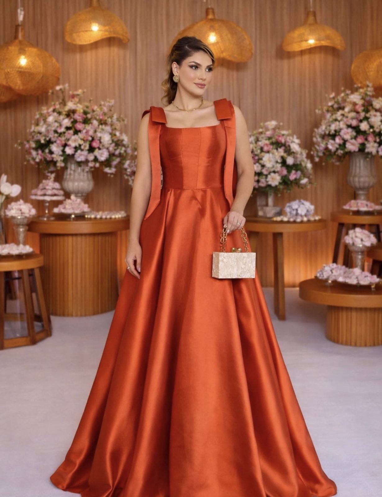 Vestido Longo Terracota com Laços nos Ombros
