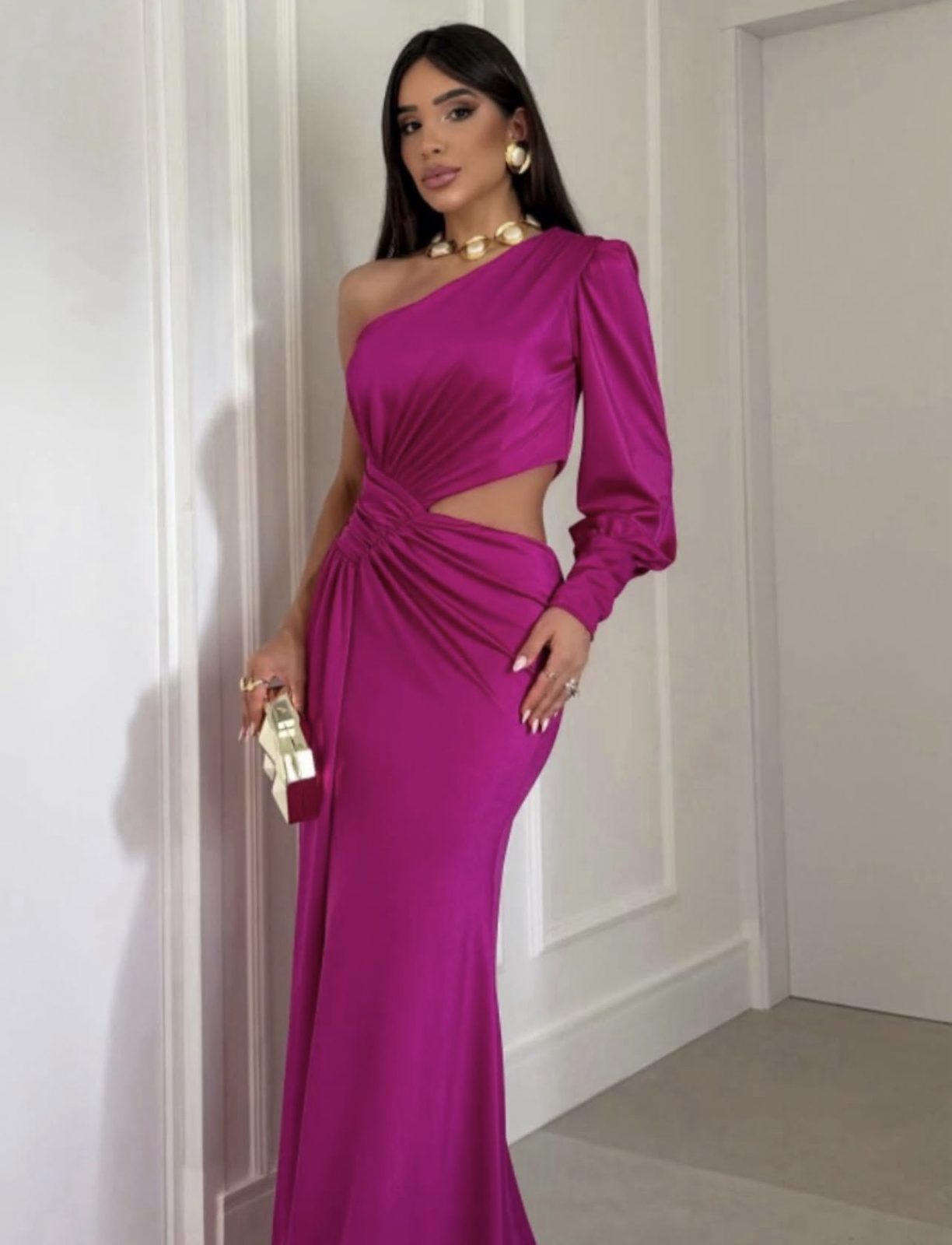 Vestido Longo Fúcsia de Um Ombro