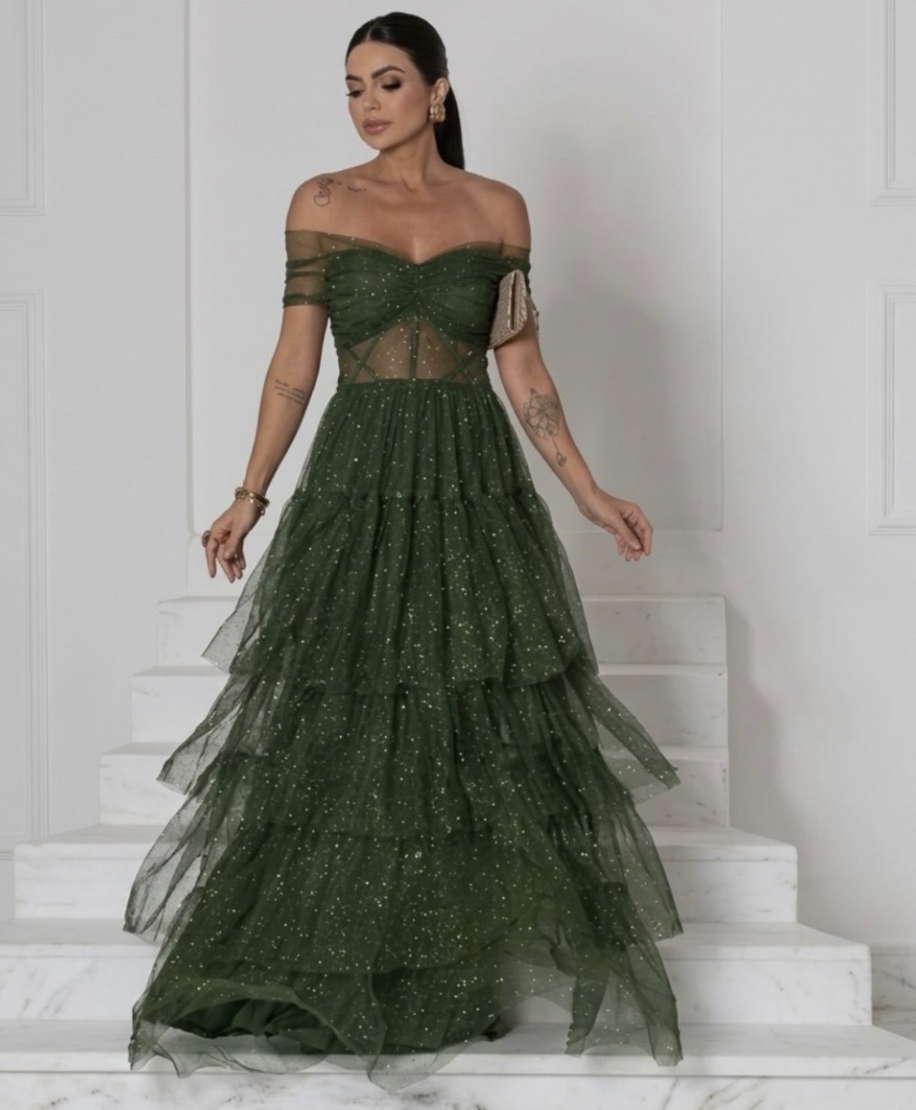 Vestido Longo Verde em Tule com Brilho M 