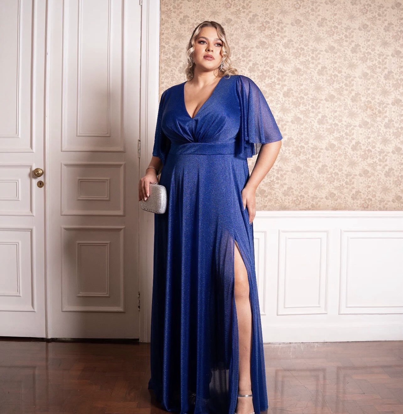 Vestido Longo Azul Royal com Brilho Plus size 