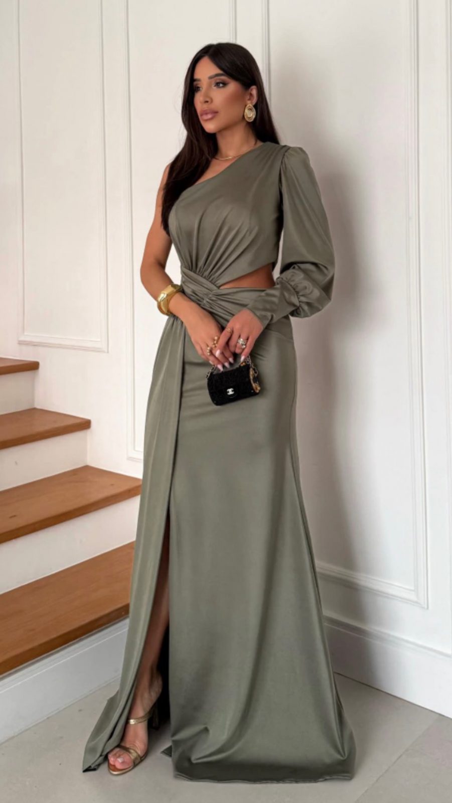 Vestido Longo oliva manga mula 