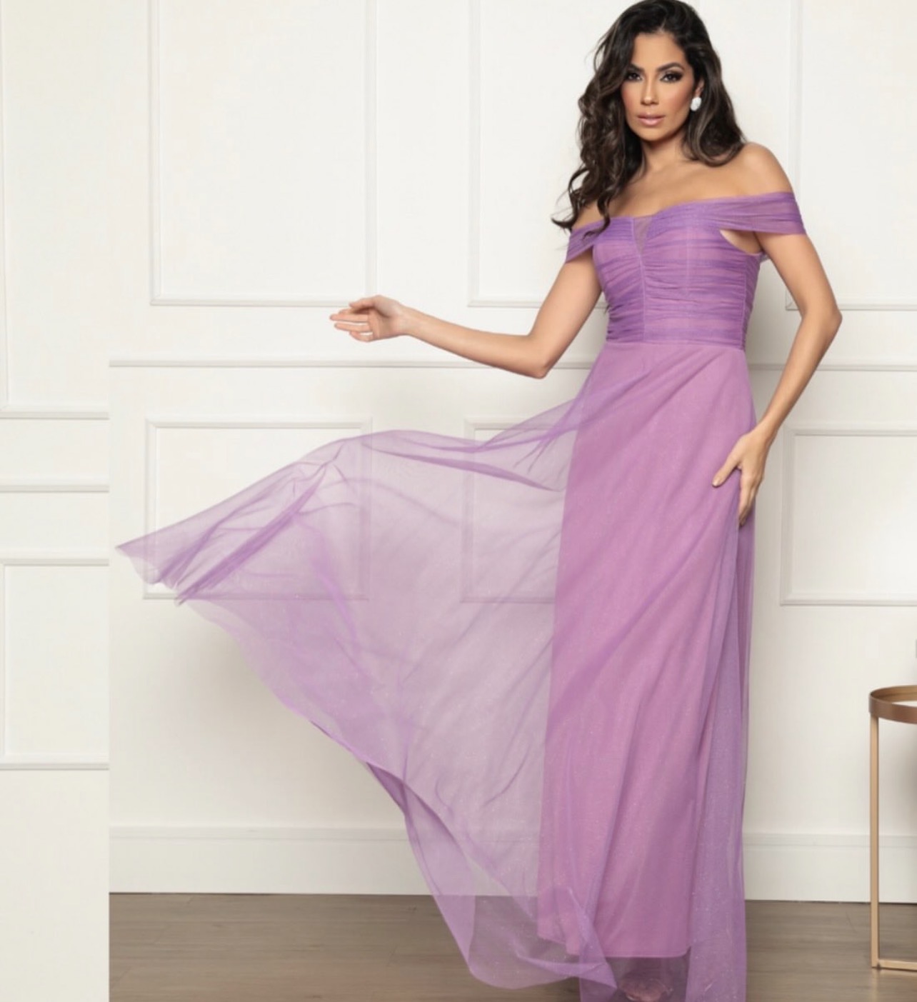 Vestido Longo em Tule Lilás GG 