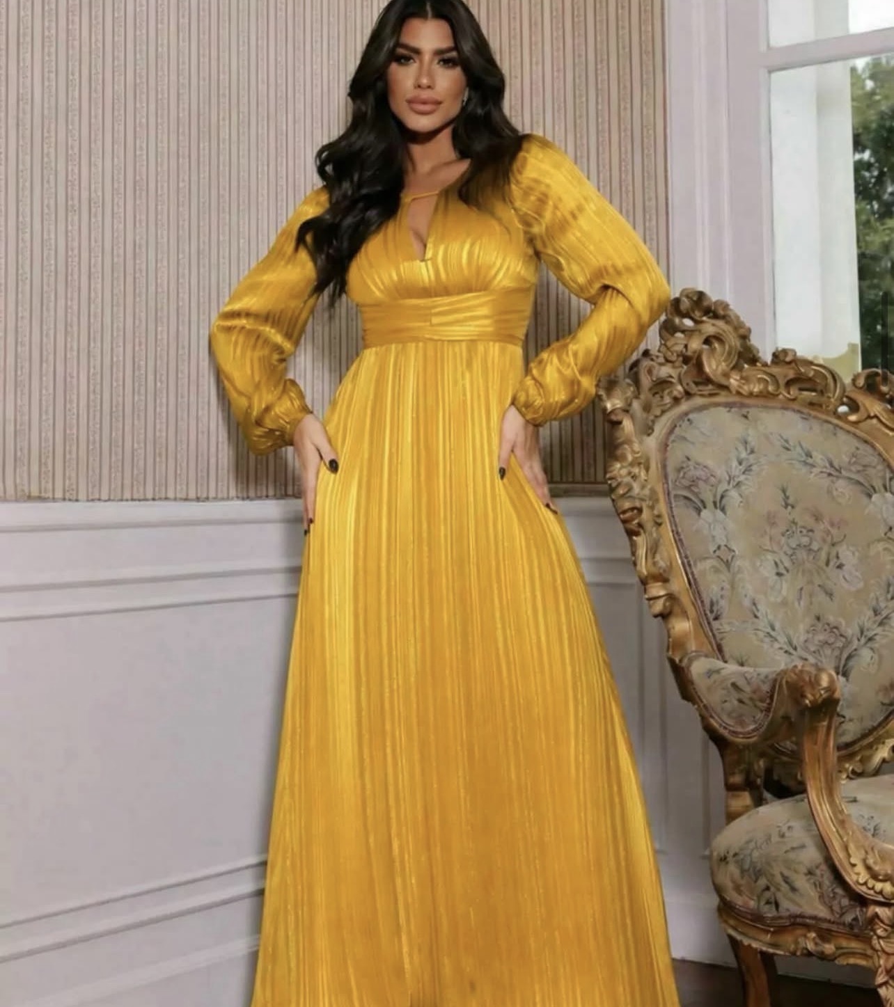 Vestido Longo Plissado mostarda 