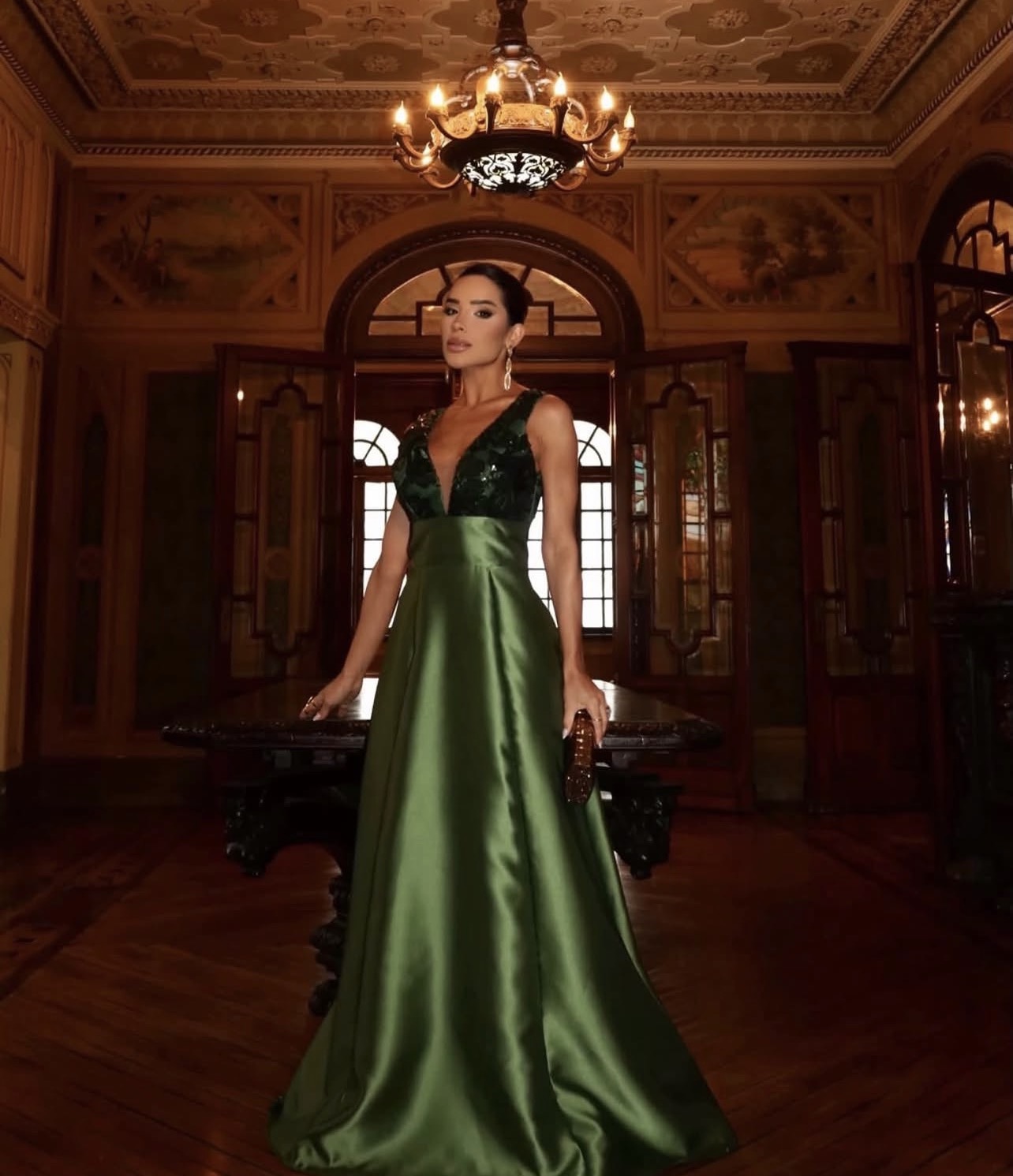 Vestido Longo Verde Oliva zibeline com bolso 