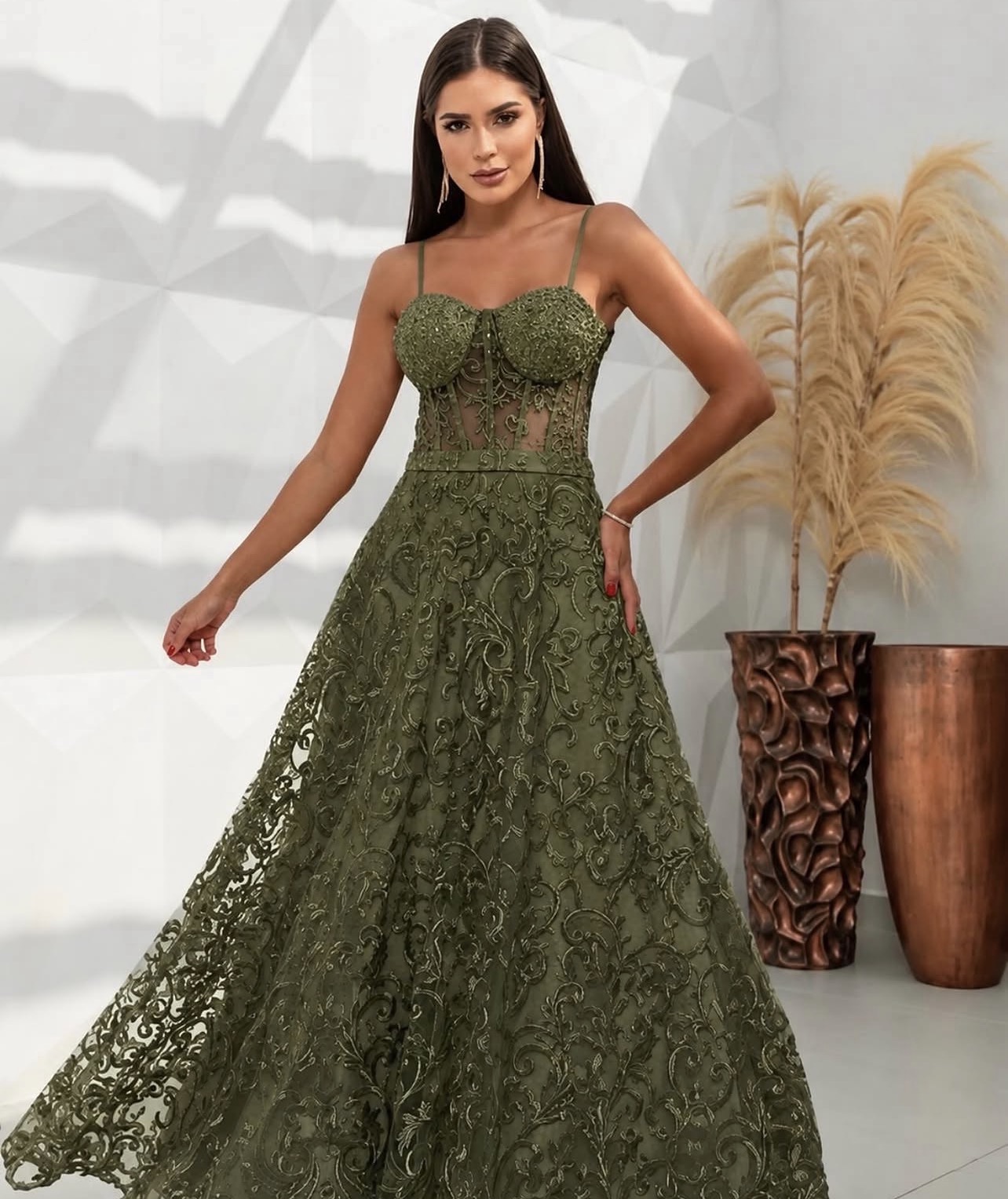 Vestido Longo Verde Oliva em Renda Bordada G 