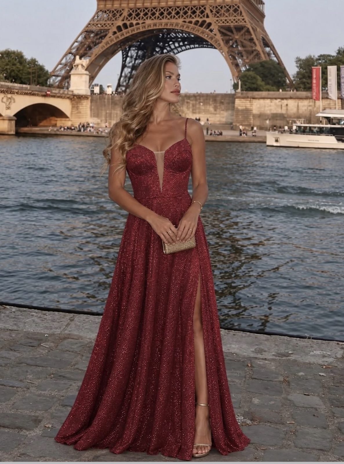 Vestido brilho com fenda G 