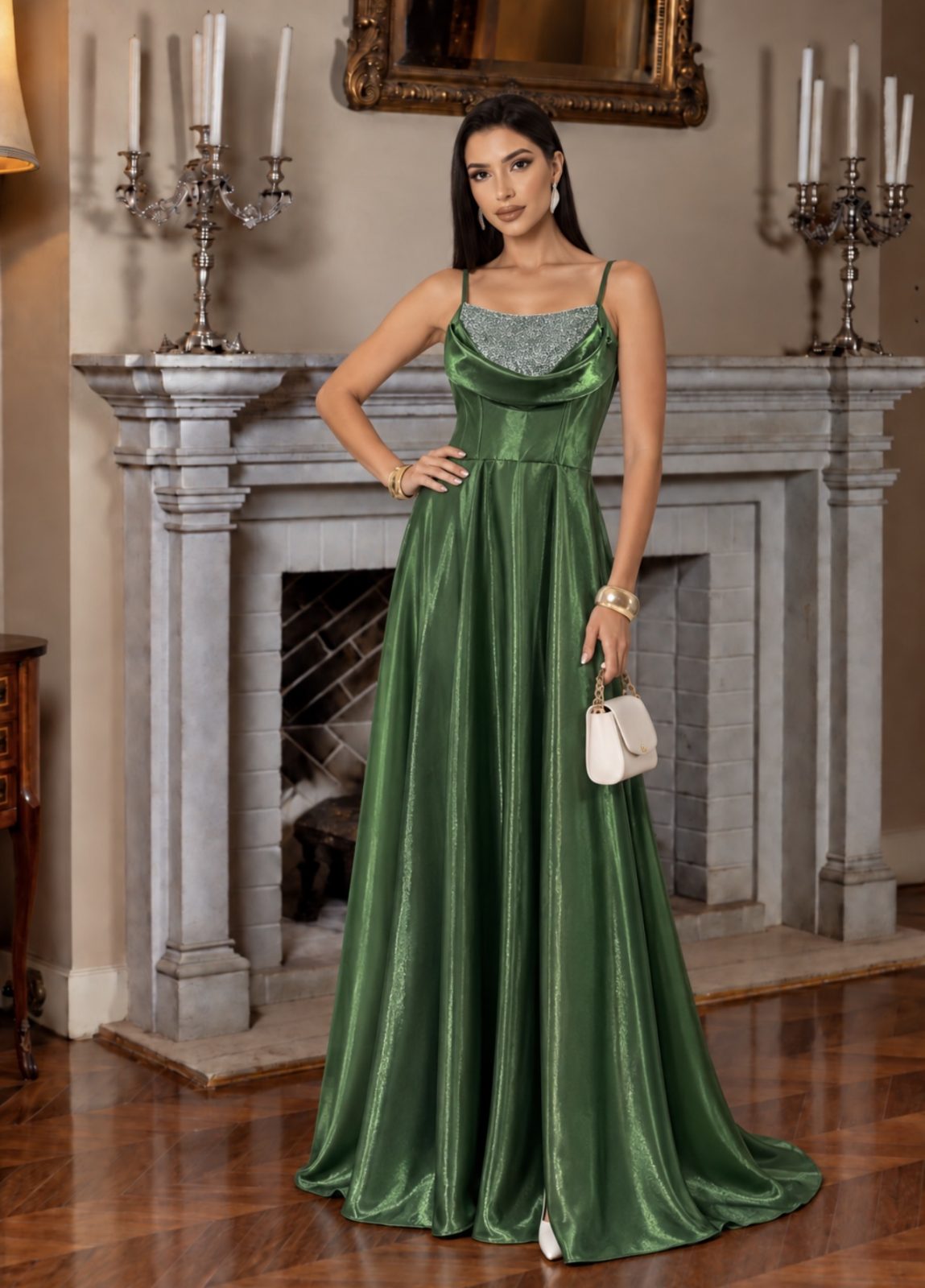 Vestido oliva acetinado glow m