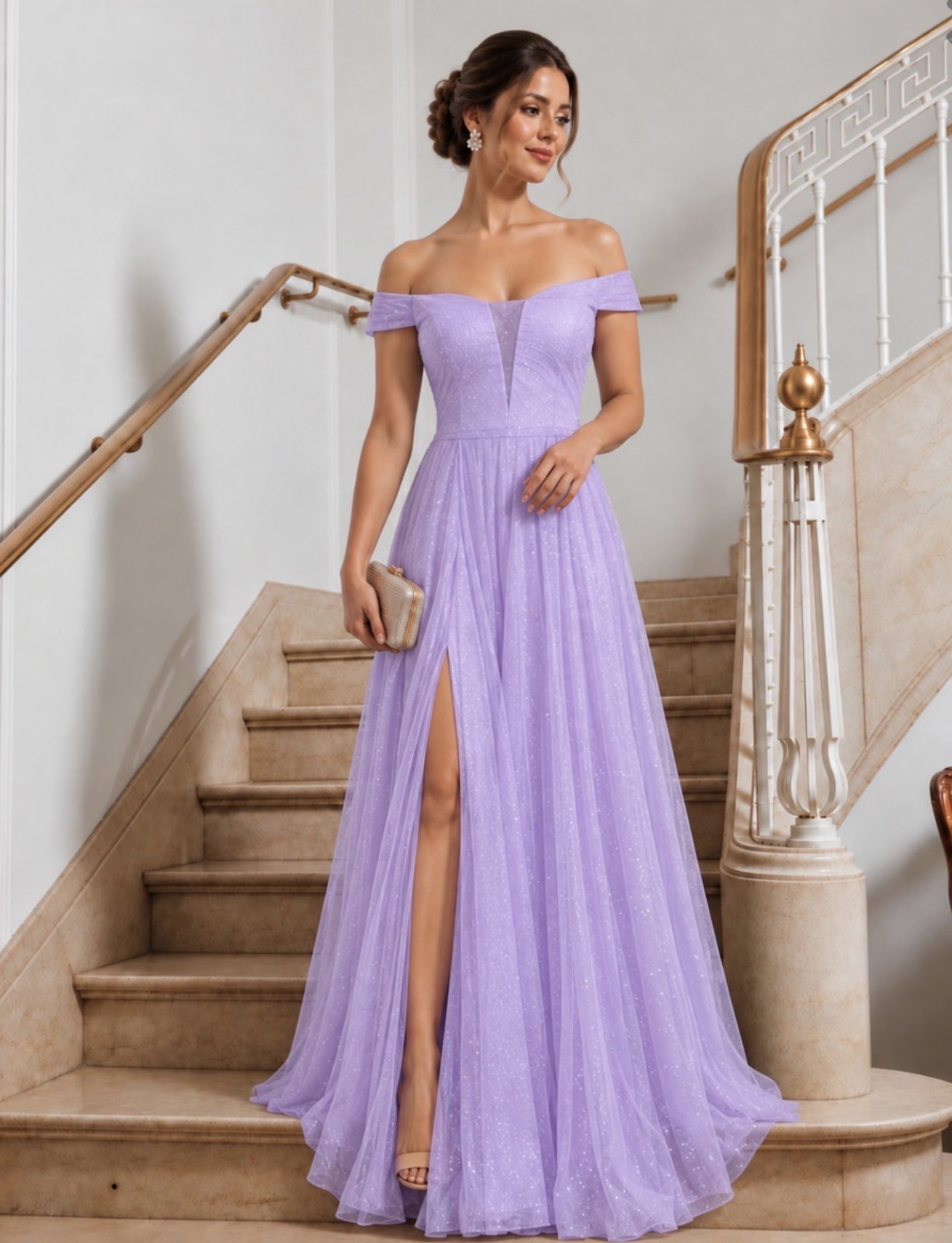 Vestido Longo Lilás Ombro a Ombro com Brilho
