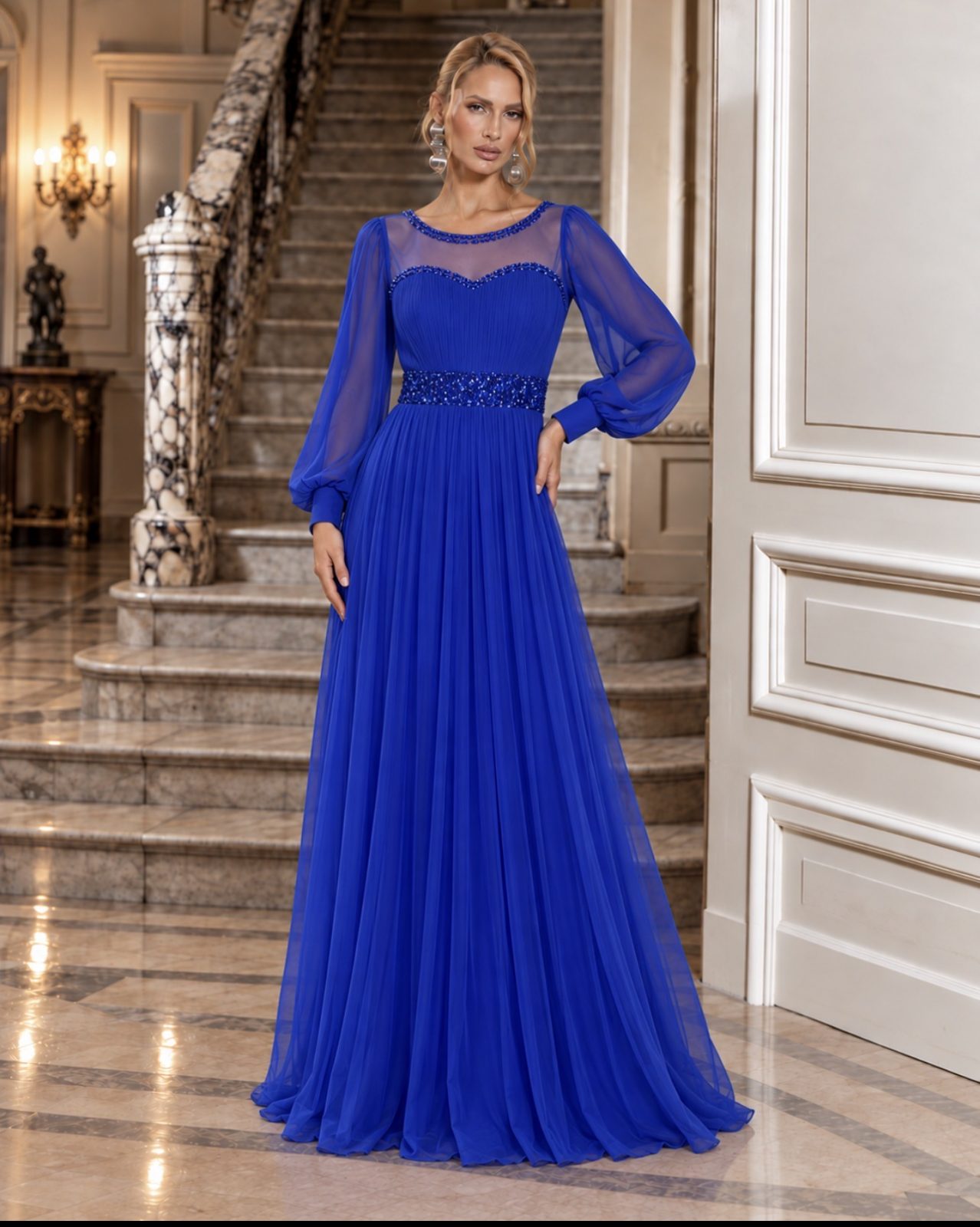 Vestido Longo Azul Royal com Tule e Pedrarias G 