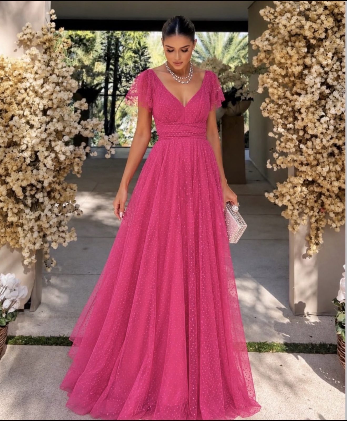 Vestido Longo em  Poá Fuscia G 